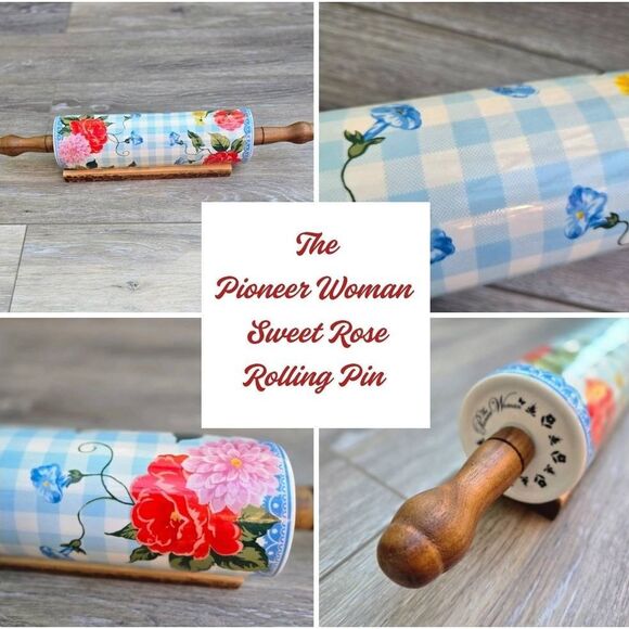 The Pioneer Woman Sweet Rose Ceramic Rolling Pin blue white check w/ floral rare - Picture 1 of 12